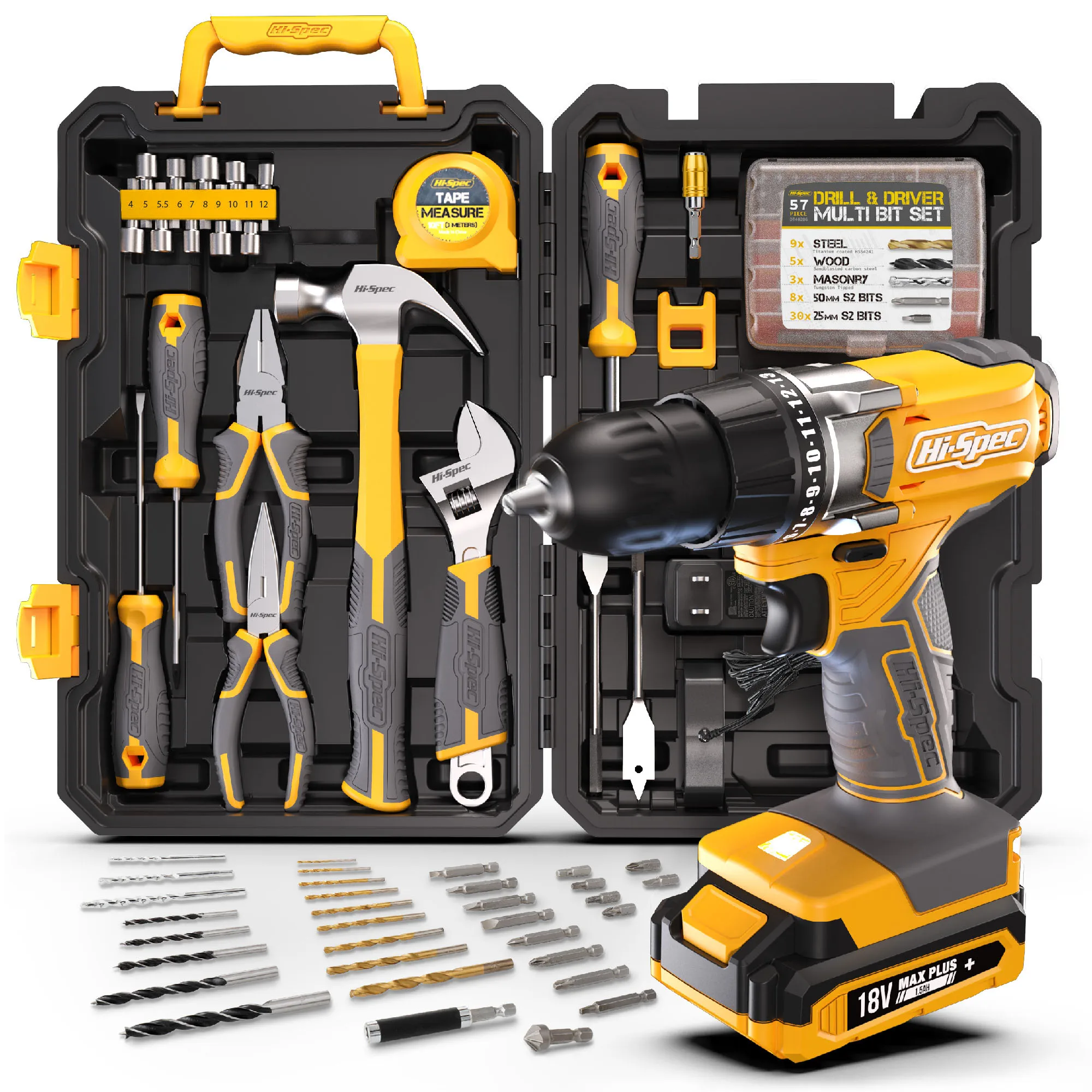 Hispec Home 81pc Tool Set With 18v Drill Driver Drill Machine Set Hand