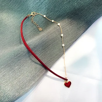 fashion red leather pearl tiny heart necklace