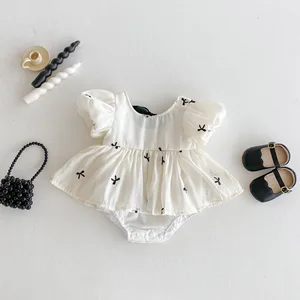 Baby Girl's First Birthday Romper Summer Leopard Print 100% Cotton Bodysuit with Bowknot Puff Sleeves and Button Closure