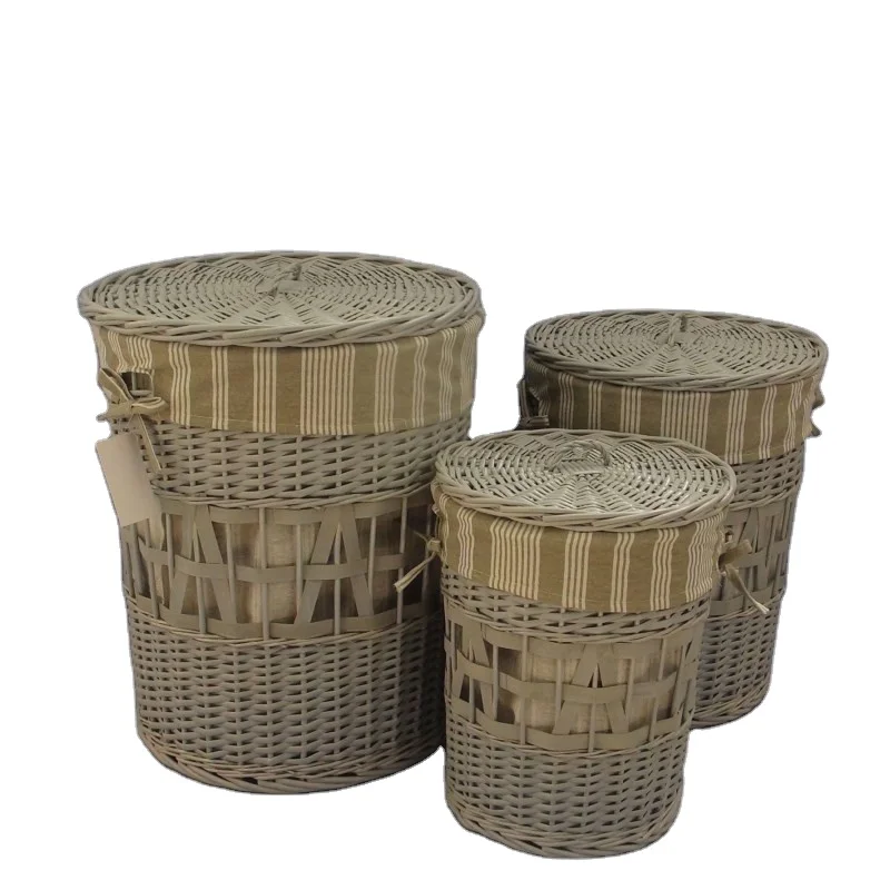 Hot Sale Household Wicker Woven Laundry Basket Wicker Round Dirty Clothes Basket Three Piece Set With Handle Liner Buy Wicker Basket Wicker Laundry Basket Factory Set Of 3 Wholesale Wicker Laundry Basket Product On