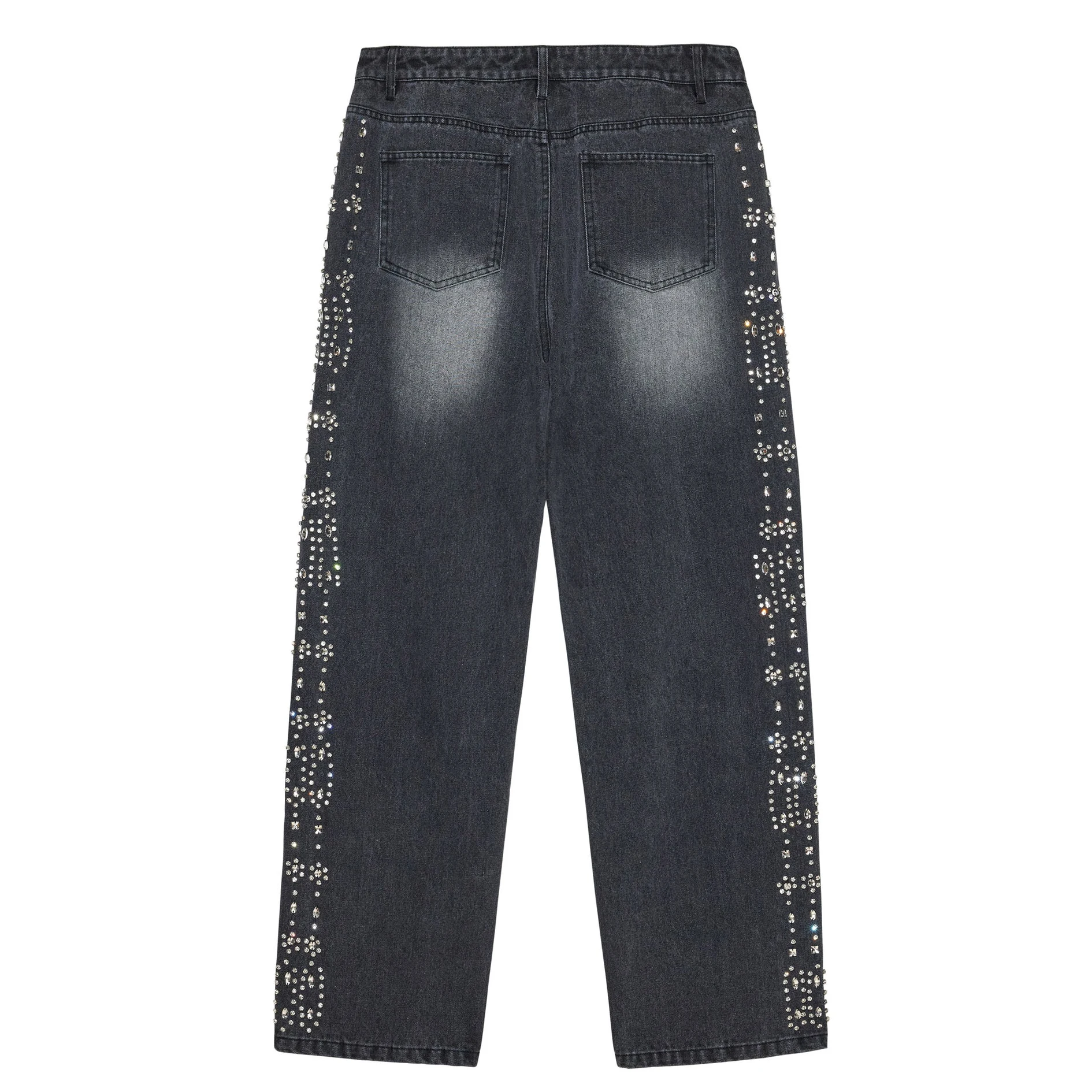 High Quality Custom Men's Street Wear Vintage Zipper Fly Metal Studs  Rhinestones Denim Jeans Crystal Vintage Washed Jeans