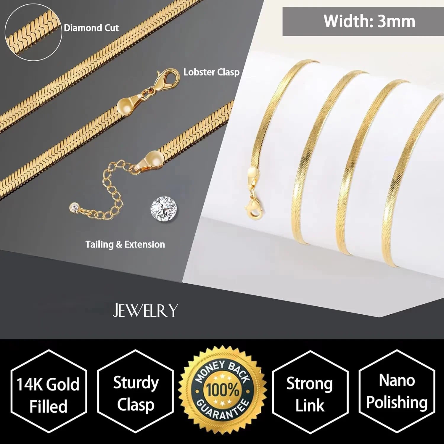 14K Gold Plated Herringbone Snake Chain Necklace