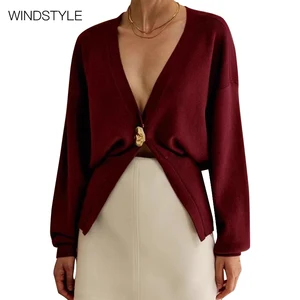 Elegant Solid Color Women's Long Sleeve Button Knitted Cardigan Casual Style for Autumn Season