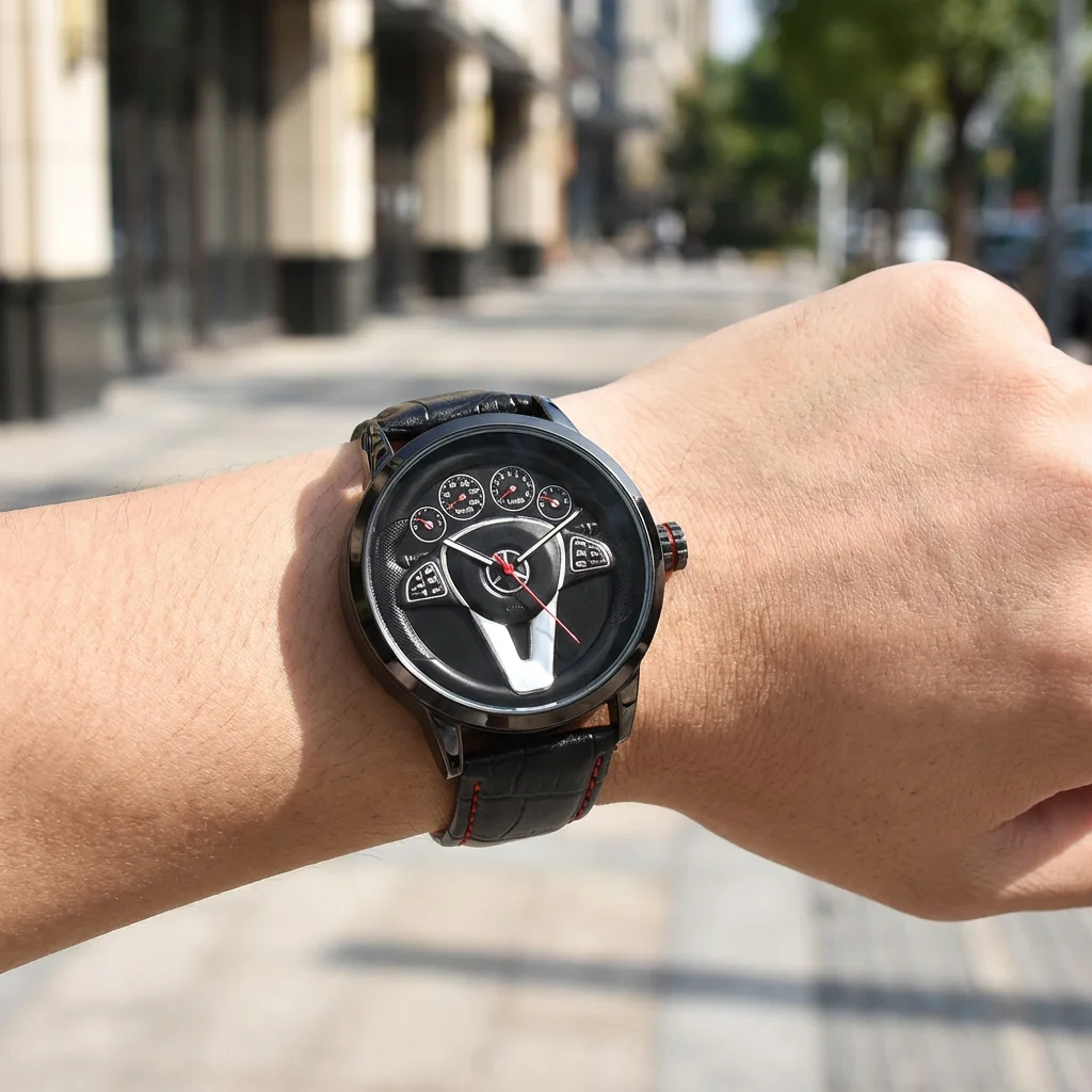 Luxury Men's Quartz Analog Car Wheel Watch Alloy Rim Personalized Leather Band 38mm Dial 5mm Latest Fashion Charm