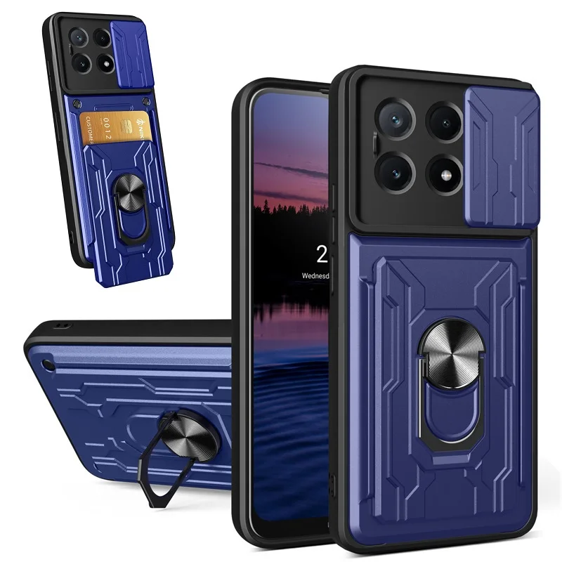 CSmall For Xiaomi Poco X6 Pro 5G Case With Slide Camera Lens Cover Military Grade Shockproof Protection Cover Rotate Ring Kickstand 5g Redmi K70e Sj Black