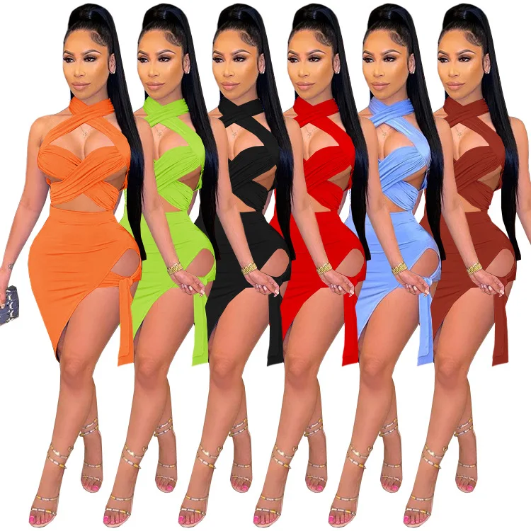 Sexy Girl's Dresses Skirt Set Bodycon Club Wear Short Halter Dress Hollow Out Bandage 2 Piece Set Women Sun Dresses