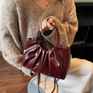 Korean Fashion Women's Pu Bag Niche Design Pleated Handbag Female High-grade Waxed Leather Commuting Messenger Bag
