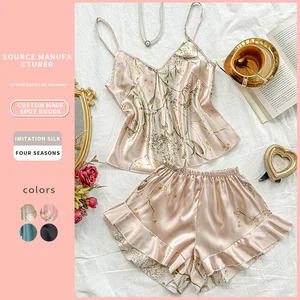 Women's Summer Satin Tie-Up Robe Nightgown Two-Piece Set Breathable Elastic Waist Thin Style Camisole Simple Printed