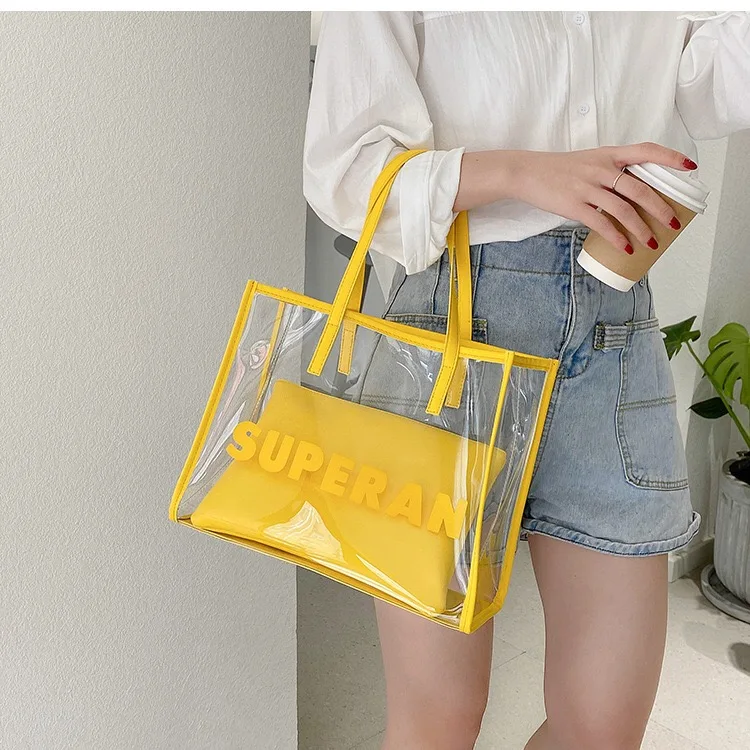 2021wholesale Plain Clear Pvc Tote Bag With Green Yellow Pu Custom Logo ...