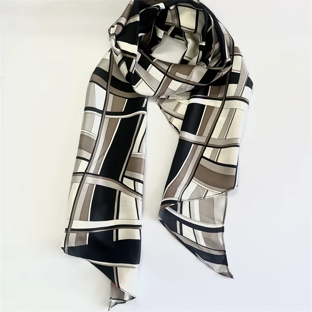 custom silk scarf in China  Geometric  Checkered Plaid heavy silk twill scarves for women  silk long wrap