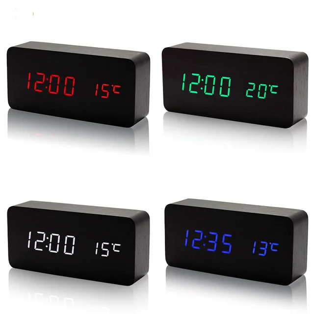 Custom Personalized Logo Led Digital Calendar Day Rectangle Multifunction Snooze Light Wooden Craft Alarm Clock