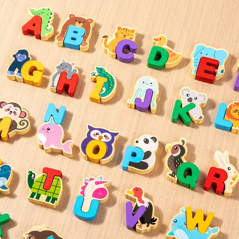 大型動物 木製アルファベットマッチングパズル ブロックゲーム 幼児教育知育玩具 対象年齢2〜4歳 幼稚園向け