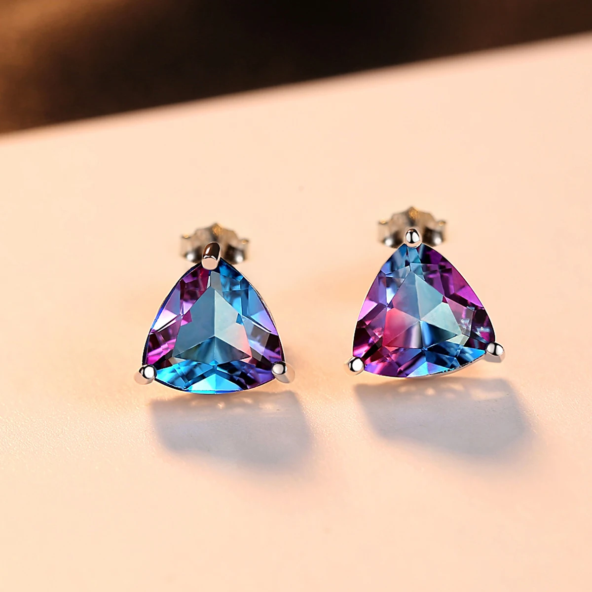 CZCITY Triangle Genuine Rainbow Fire Mystic Topaz Real 925 Sterling Silver Women Stud Earrings