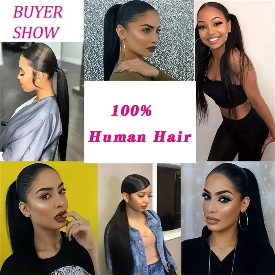 Queue de cheval lisse brésilienne Remy de 8 à 32 pouces avec clip magique enroulé autour de la queue de cheval en couleur noire naturelle_voghion.com