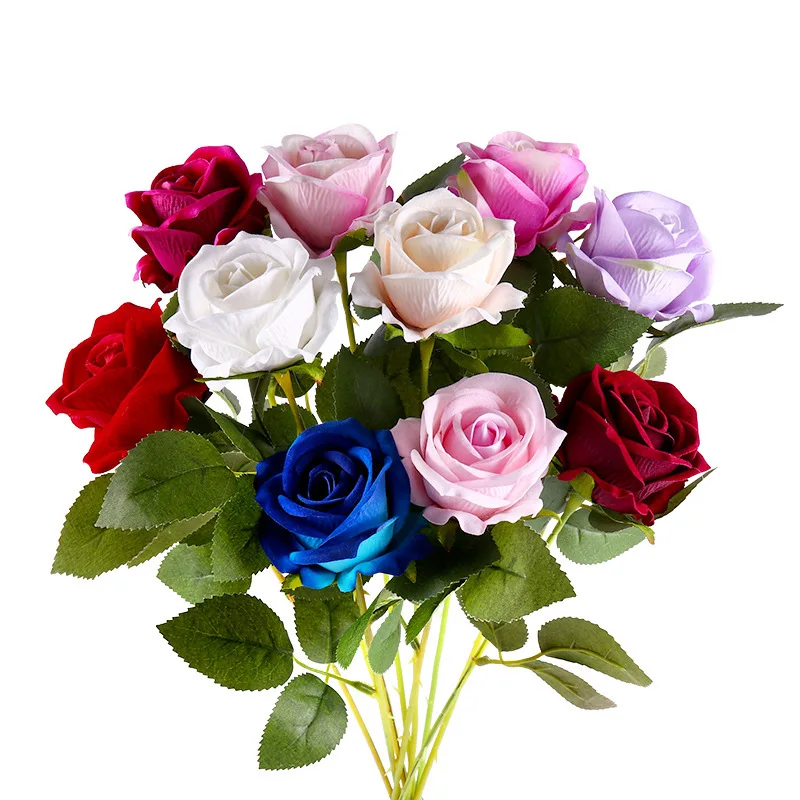 Factory Bulk Wholesale High Quality Artificial Single Velvet Roses Flower  Red White Custom Real Touch Rose Decorative Flowers