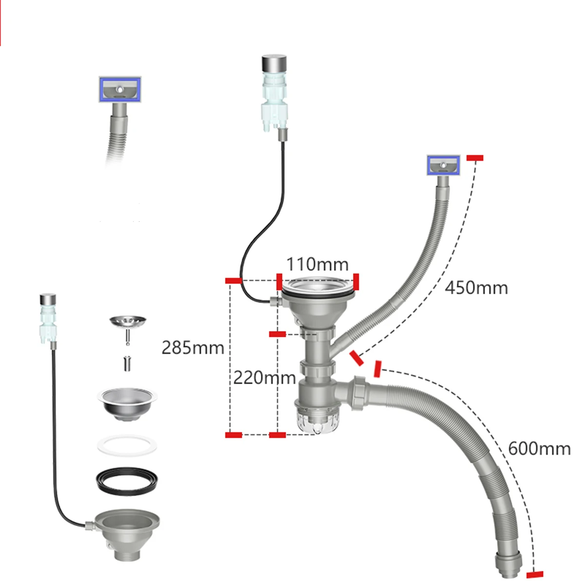 New 110/114/140mm Sink Drainer with Switch Control Stainless Steel  Kitchen Sink Strainer Plastic Kitchen Sink Drain Pipe