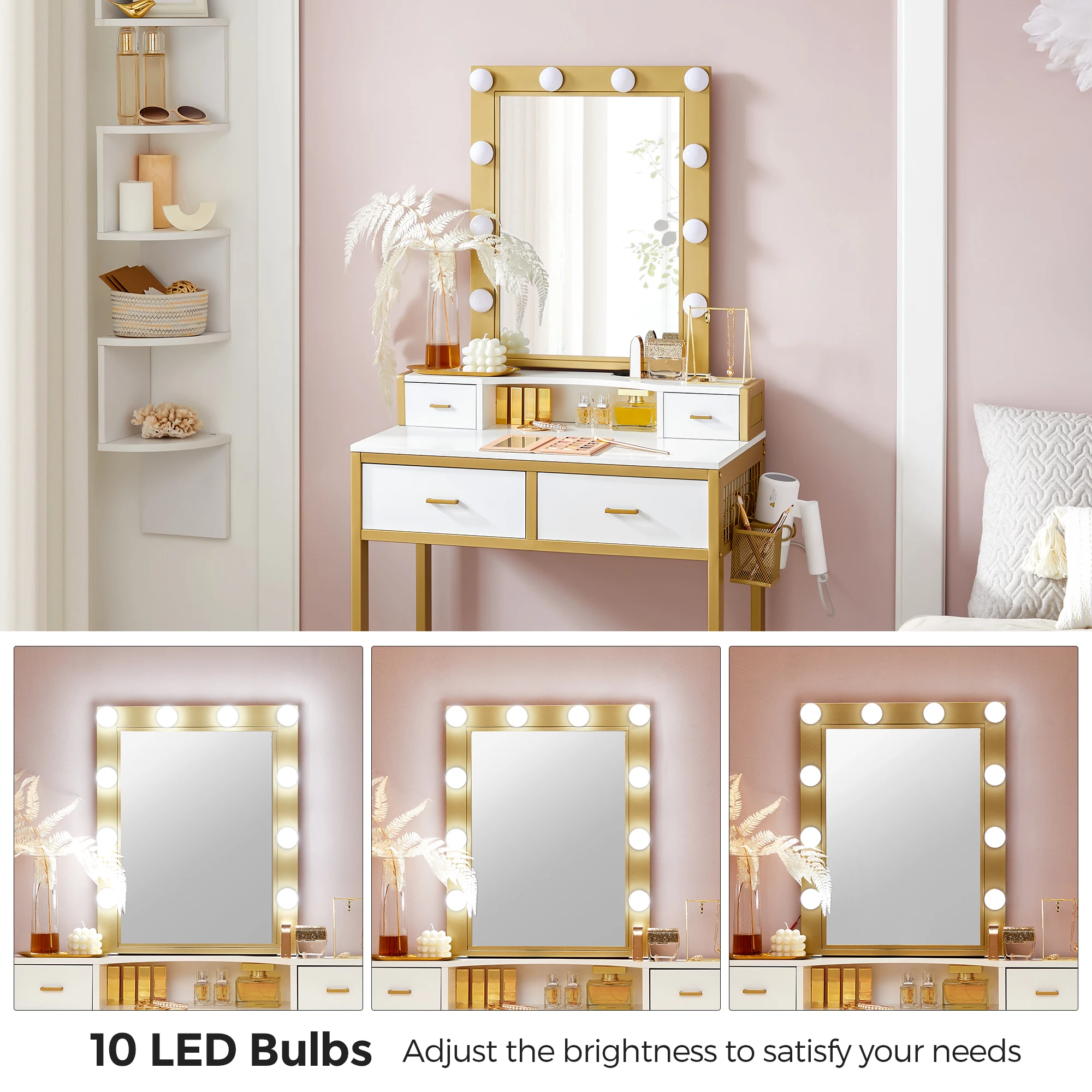 makeup mirror gold and glass vanity table
