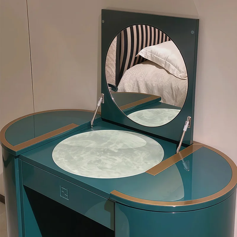 Italian Minimalist Light Luxury Emerald Green Solid Wood Adjustable Folding  Mirror Dressing Table Storage Modern Apartment