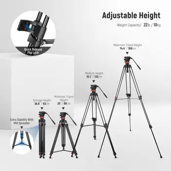 NEEWER 89-189cm 74" Video Tripod With Adjustable Fluid Head Metal Heavy Duty Dual-Mode QR Plate Compatible With RS Gimbals detail image