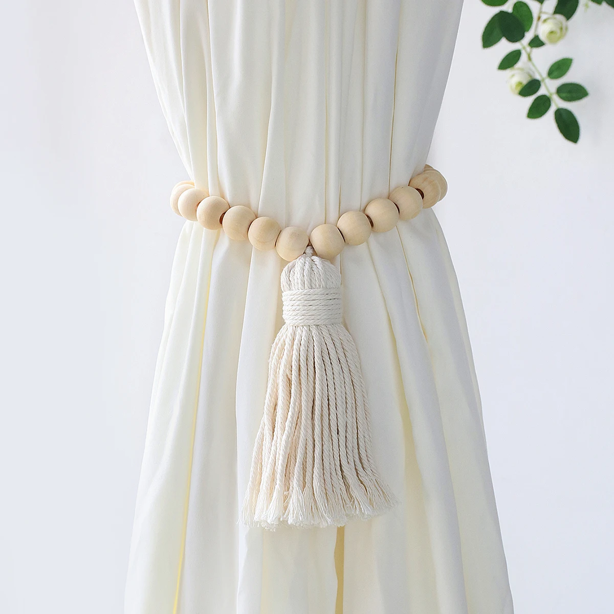 Boho Macrame Curtain Tiebacks Wood Bead Garland With Tassels Curtain Rope Farmhouse Decor Fringe Curtains Accessories for Room