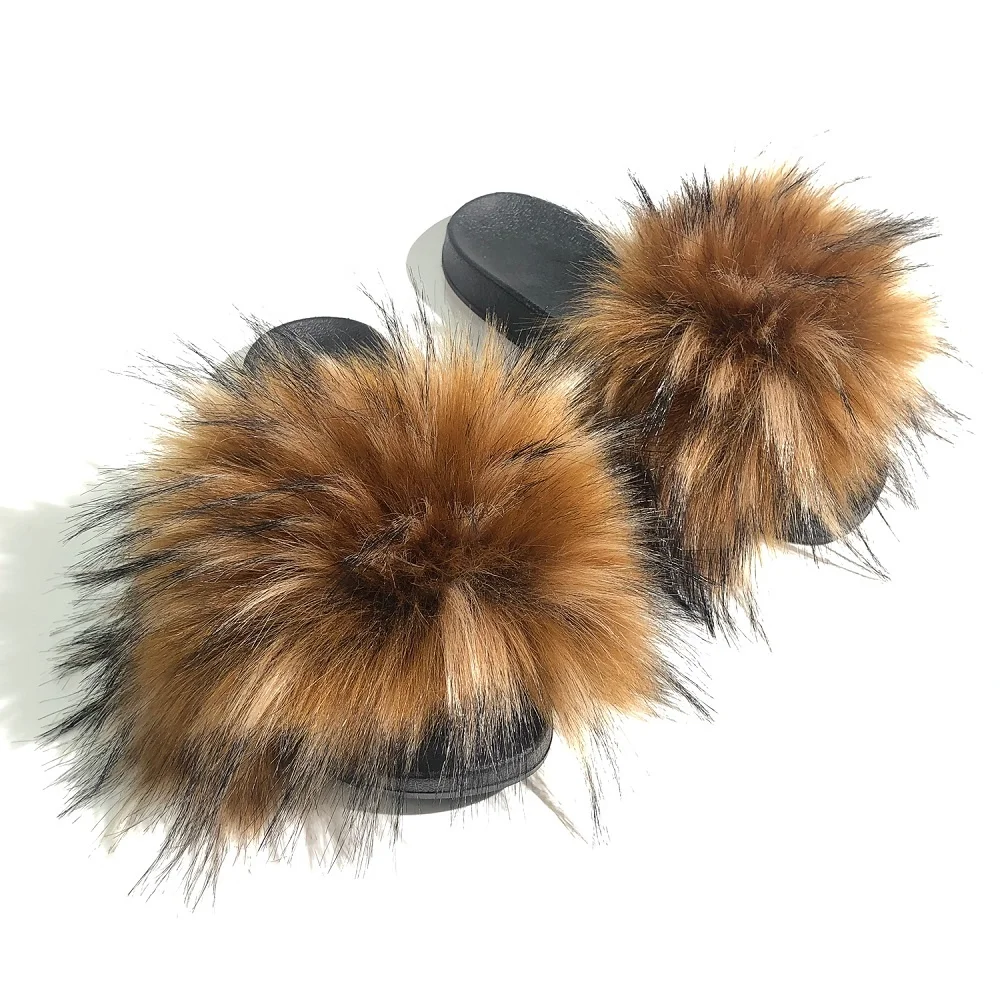 Прямая поставка, пляжная обувь, дешевые сандалии из меха енота, искусственного лисьего меха, женские шлепанцы, сланцы из искусственного меха