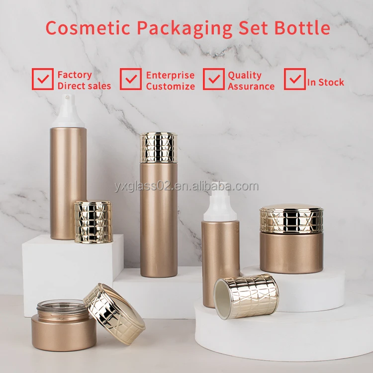 Luxury cosmetics packaging glass bottle 120ml 100ml 40ml with pump 50g 30g with gold special design lid manufacture