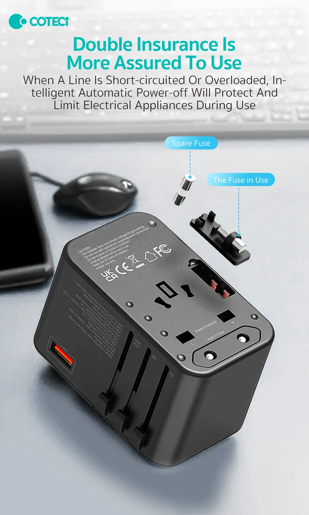 COTECi 65W Fast Charge Gallium Nitride (GAN) Travel Charger Multi-Country Universal Socket US UK EU PD Multifunctional Laptop