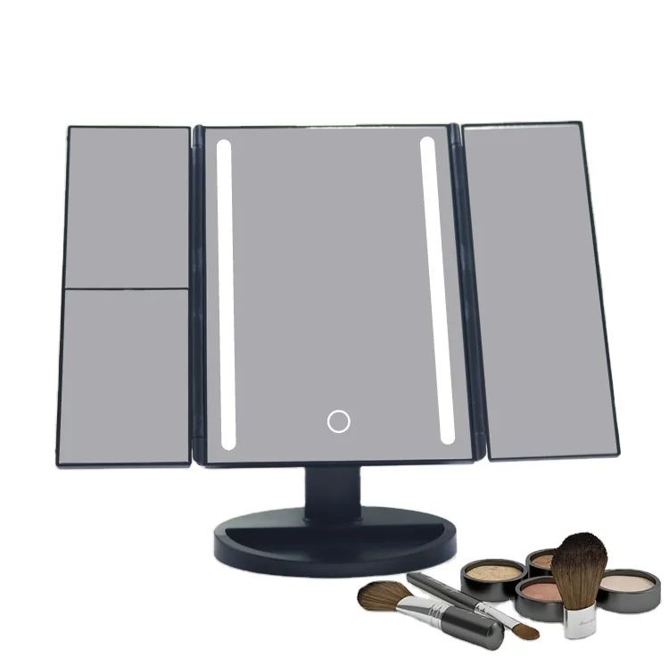 High Quality Personalized LED Light Vanity Mirror Square Trifold 1X2X3X10X Magnifying Makeup Mirror for Cosmetics