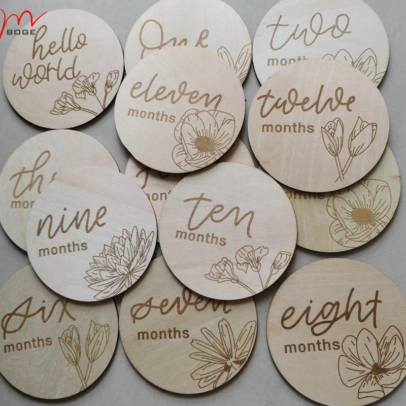  Floral Theme Monthly Milestone Tags Natural Wood Milestone Disk