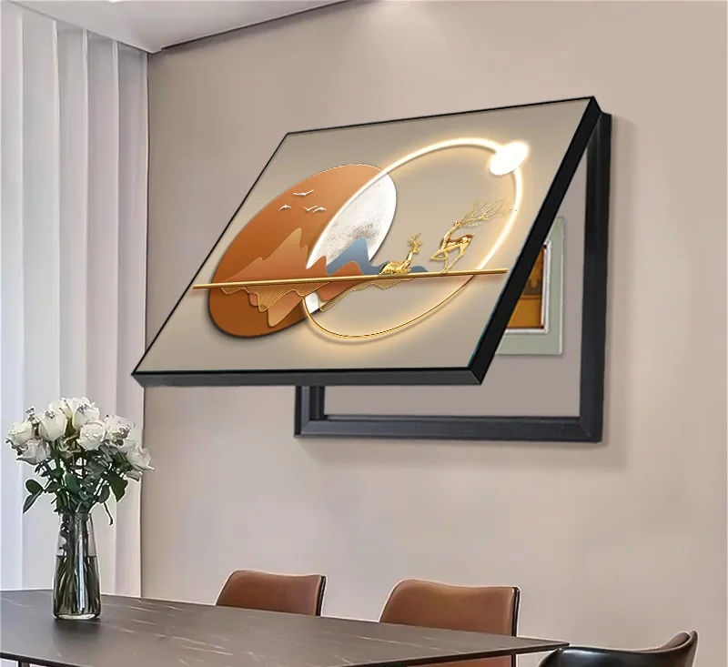 Modern Luxury Abstract Wall Art Canvas Print Gold Deer Mountain LED Light Neutral Earthy Tones Electrical Box Cover Living Room