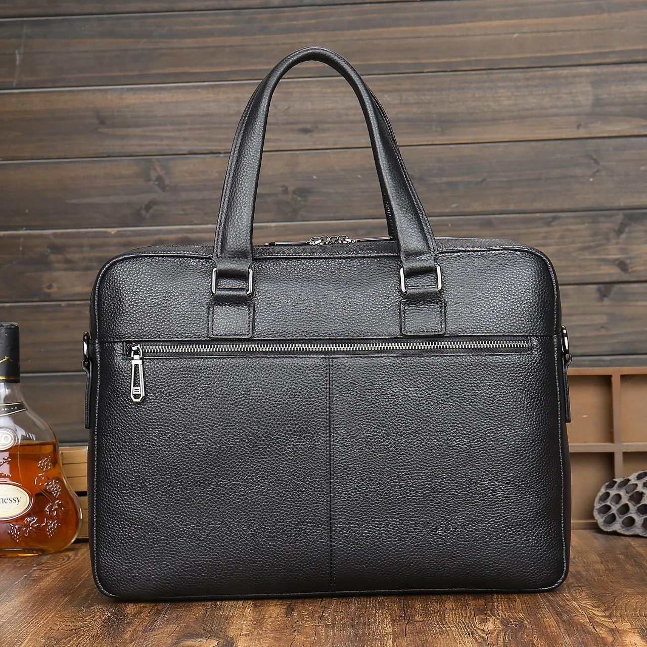 OEM ODM Office Business Style Black Real Cow Skin Cowhide Pebble Genuine Cow Leather Computer Laptop Briefcases