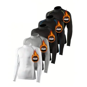 New Polyester Fleece Men Fitness Sports Long Sleeve T-shirt Spring Autumn Keep Warm Men's Slim Fit High Elastic Stand Collar Top