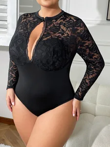 2026 BOON Cross-Border New Arrival Plus Size Lace Cutout Bodysuit Sheer Sexy Open Crotch Bodysuit Versatile Outerwear