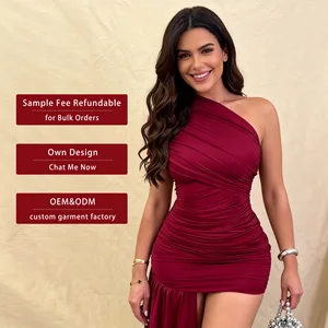 Wholesale Elegant One Shoulder Asymmetric Hem Party Dress Draped Bodice Design Slim Fit Sexy Ruched High-Low Mini Dress