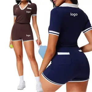 New Women Color Blocking Short Sleeves V-Neck Polo Workout Gym Bodysuits with Pockets Sports Wear Fitness Yoga Navy Jumpsuit