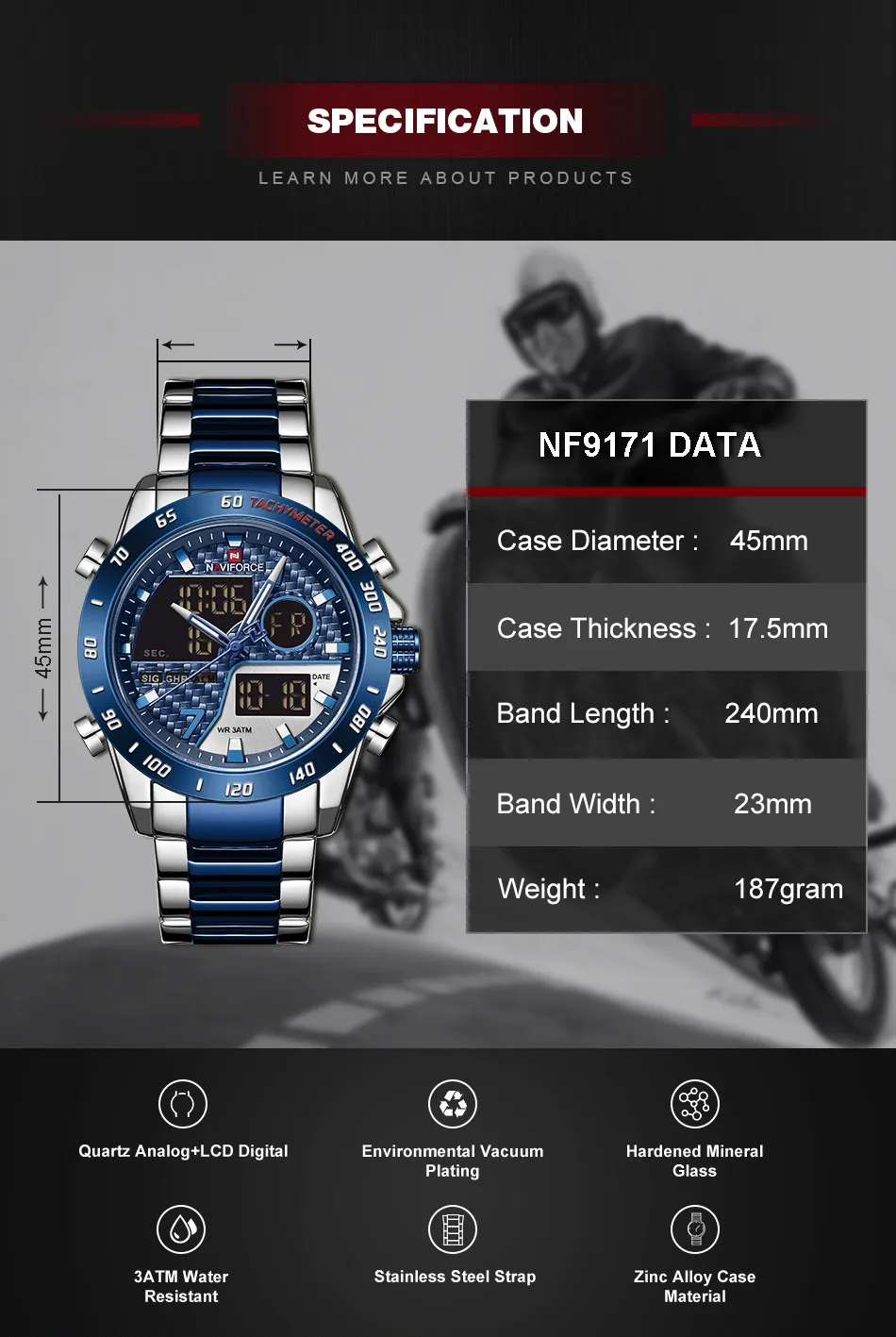 NAVIFORCE Orologio Uomo Al Quarzo Giapponese - Cassa 45 Mm Acciaio, Cinturino In Pelle, Quadrante Blu, Data E Giorno, 3 ATM