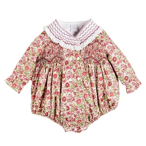 Custom Baby Clothes Shirred Smocked Baby Clothing Floral Embroidered Casual Baby Rompers