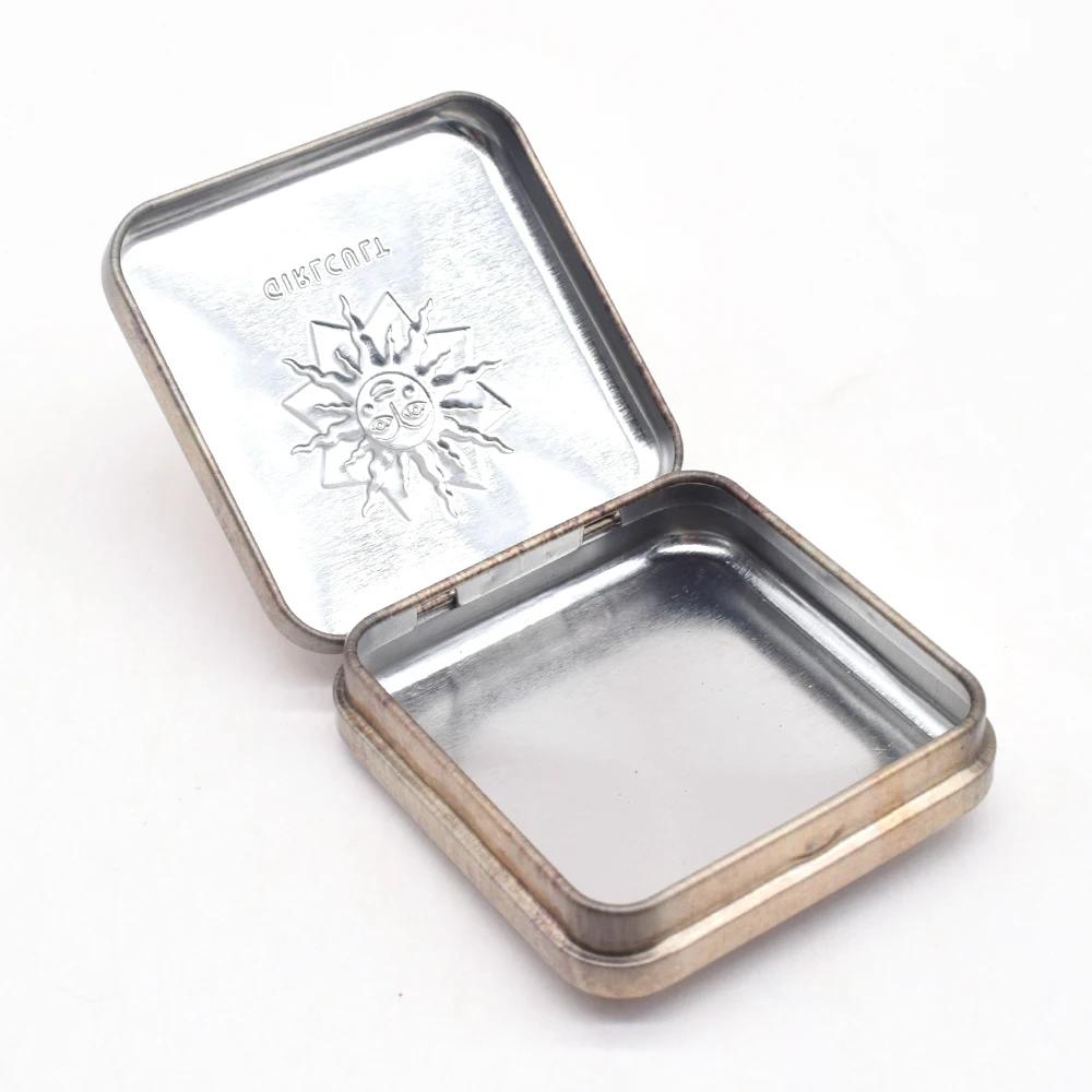 Custom Embossed Logo Tinplate Small Mini Tin Condom Storage Box Candy Mint Usb Metal Hinge Tin Can Hinged Square Tin Box Case
