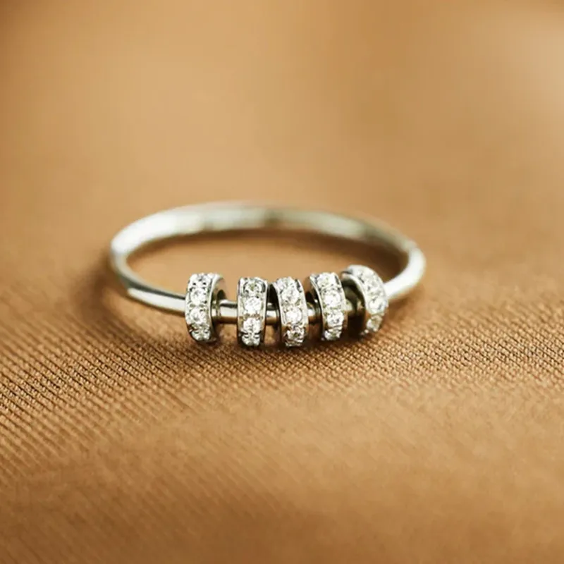 925 Sterling Silver Women Fingers Beautiful Color Zircon Spinner Ring Rotary Anxiety Ring