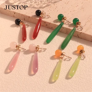 2-in-1 Stainless Steel Gemstone Dangle Drop Earrings New Fashionable Set for Girls