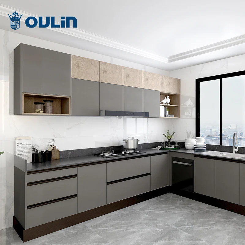 Modern Minimalist Gray Kitchen Solid Wood Pellet Kitchen Cabinet Modular