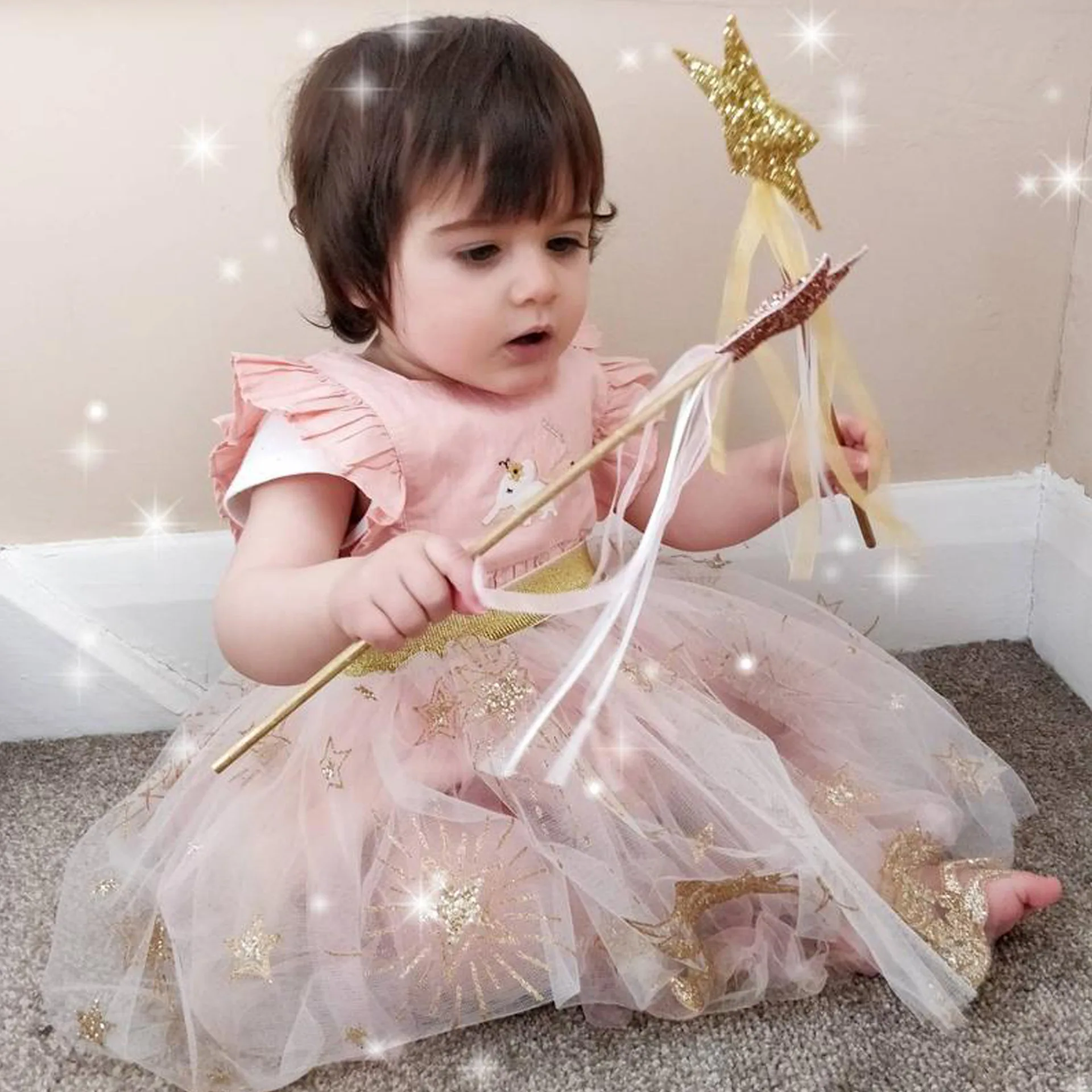 Wooden Star Wands Toy Kids Golden Silver Glitter Star Wand Birthday