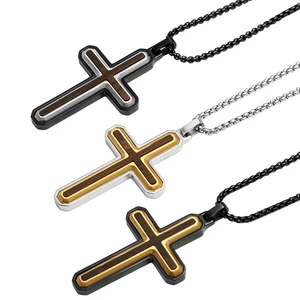 Tizti Ebony Wood Cross Pendant Jesus Necklace with Black Gold Stainless Steel Box Chain