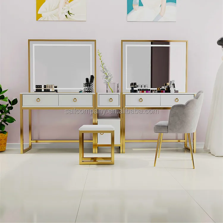 Makeup Vanity With Lighted Mirror White And Gold Vanity Table Set With