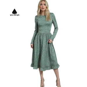 Custom Woman Clothes Dress Manufacturer Elegant Vintage Lady Floral Long Sleeve Elegant Casual Long Dresses