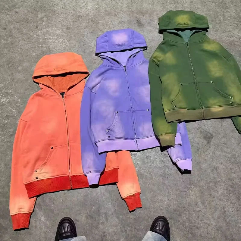 Custom Acid Washed Zipper-Up Hoodie Men 100% Cotton French Terry Oversized Fit Embroidery Patchwork Print Sunfaded Drop Shoulder gallery 4