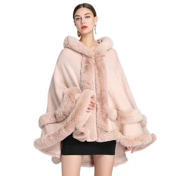 New Winter Faux Rabbit Fur Collar Hooded Shawl Cloak Knitted Women's Cardigan Coats