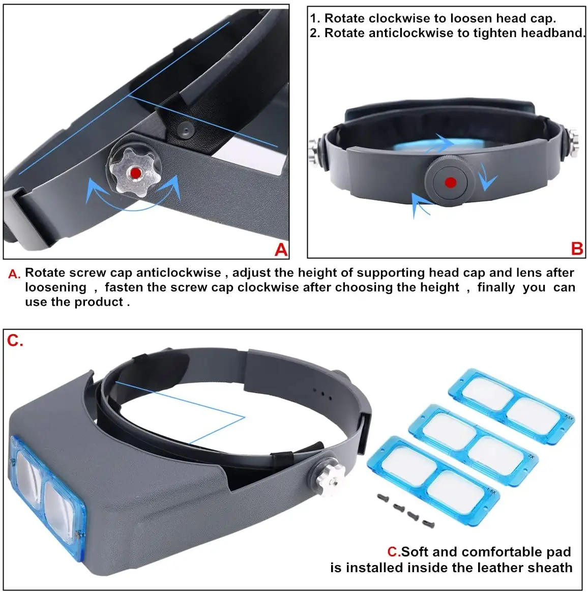 Headband Magnifier Visor, 2.5x glass lens, 8 Inch Focal Length