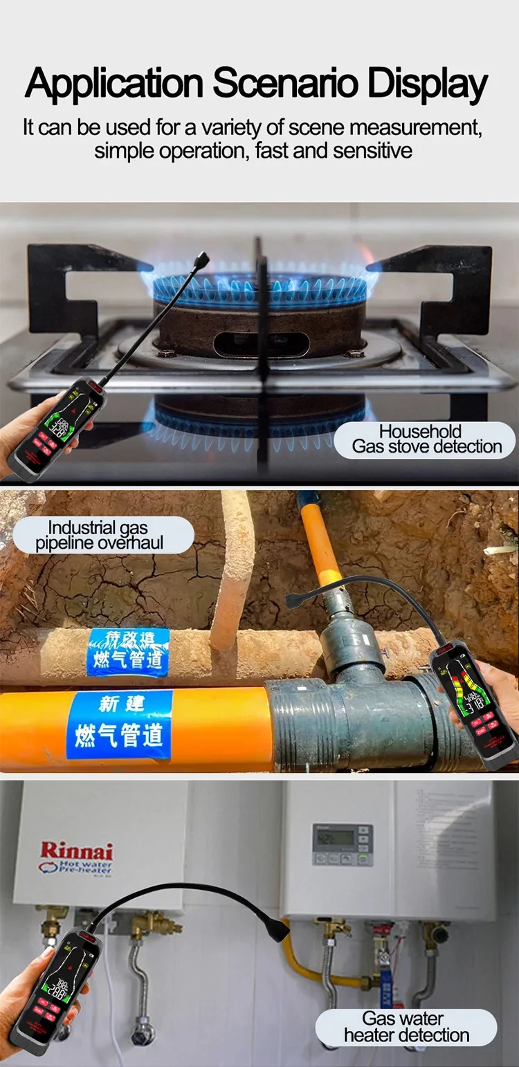 Industrial-grade combustible gas analyzer for accurate detection Wide measurement range of approx. 50–10000 ppm for precise monitoring Detects gases like LPG, methane, propane, and other flammable gases High-sensitivity sensor for reliable and fast leak detection Rechargeable battery for long-lasting and portable use LCD display for real-time gas concentration readings Audio and visual alarm alerts for instant hazard warning Fast response time with stable and accurate performance Durable design suitable for industrial environments Ideal for factories, pipelines, refineries, HVAC, and safety inspections