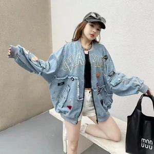 Women Loose Fit Denim Baseball Jacket Light Wash Stylish Embroidery Outwear Embroidery HighStreet Customization Service